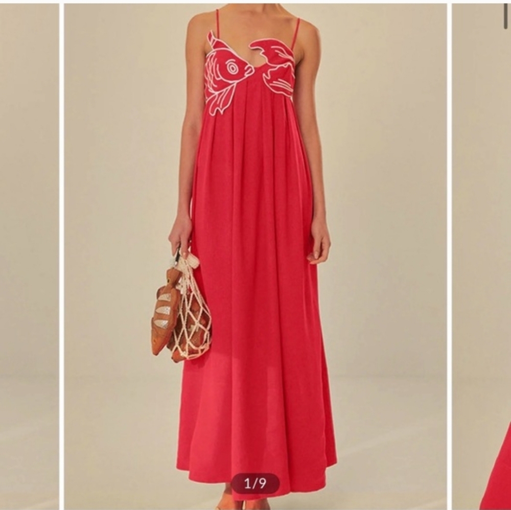 Commense Red Maxi Dress with Fish Embroidery